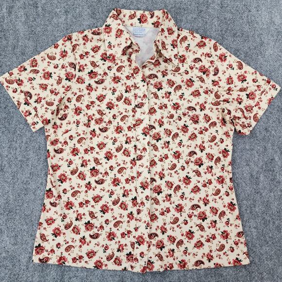 VTG Sears Shirt Womens 38 Cream Red Floral Paisley Perma-Prest Short Sleeve 70s - Picture 1 of 11